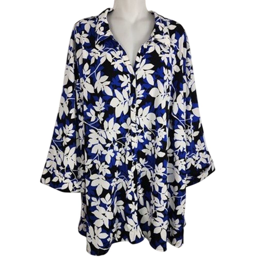 Catherines Womens Tunic Top Button Front 3/4 Tab Sleeve Timeless Blue Size 4X